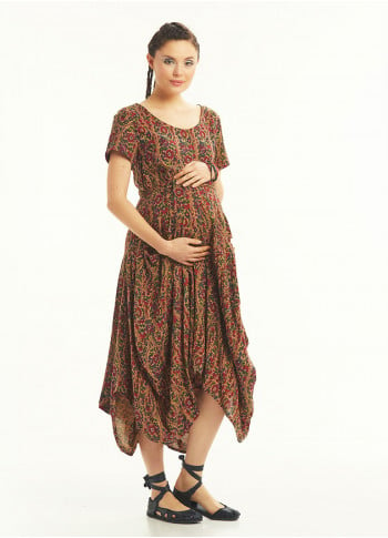 Authentic Pool Neck Half Sleeve Claret Red Patterned Long Maternity Dress
